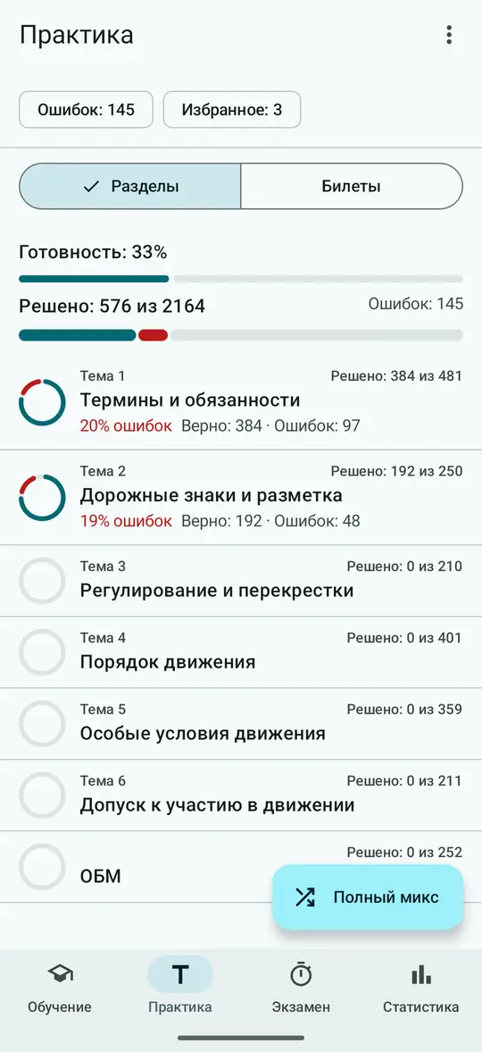 Вкладка «Практика»: готовность 33%, решено 576 вопросов, темы с прогрессом
